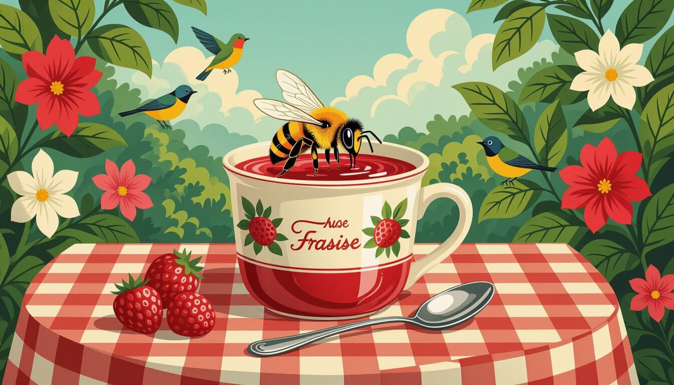 Bee Sips Strawberry Jam in Jar, Silver Spoon, Rousseau Style