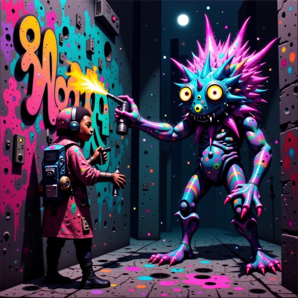 Fantastical Creature Spray-Painting Neon Graffiti in Urban A...