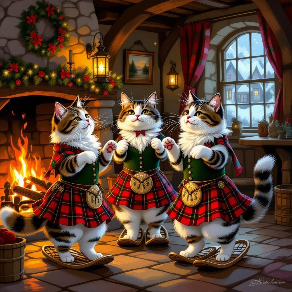 Cats in Kilts Dancing in Scottish Pub