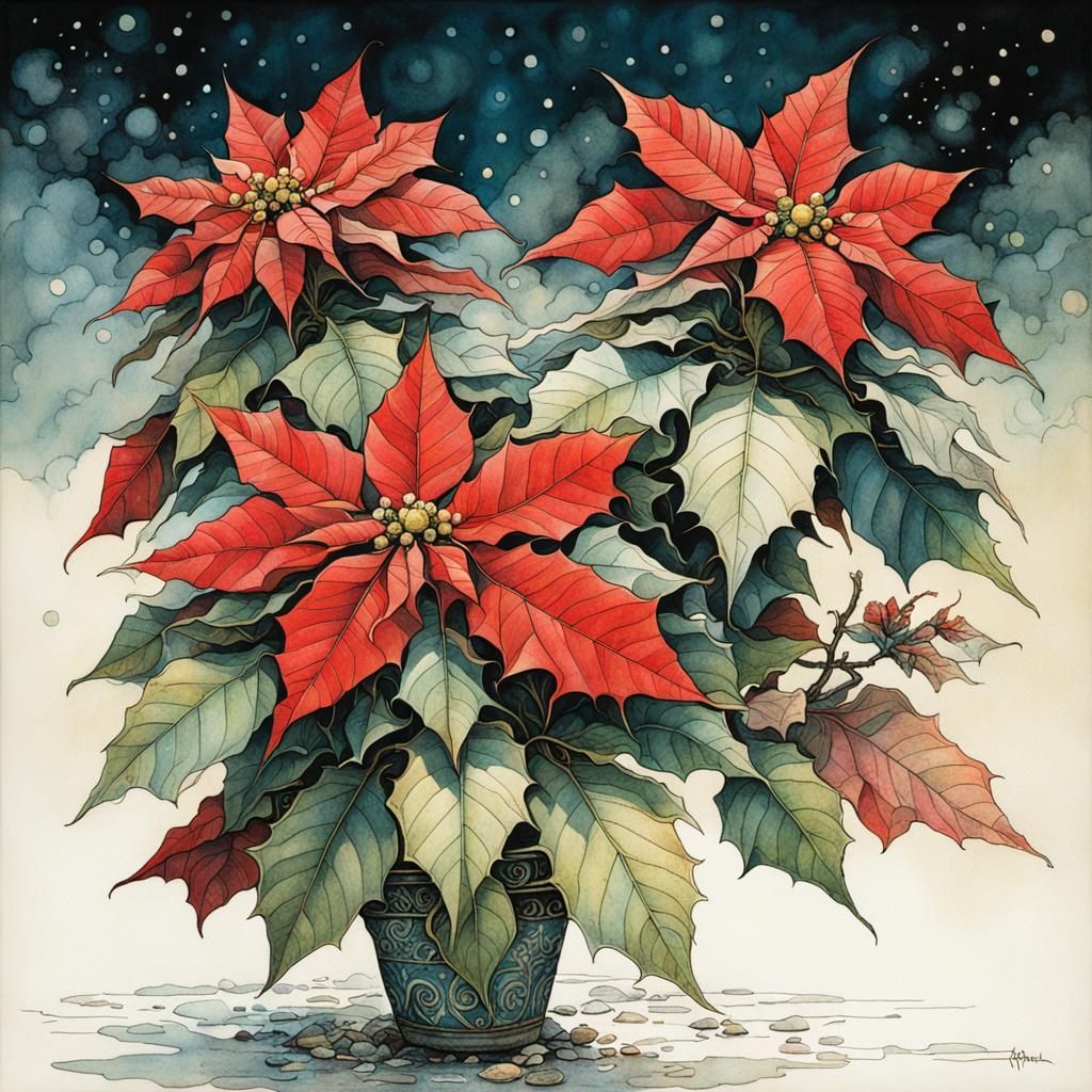 Poinsettia Illustration in Art Nouveau Style