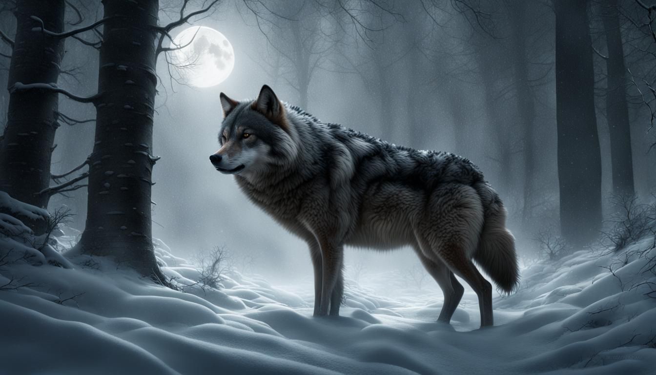 Eerie Moonlight Illuminates Lone Wolf in Winter Forest