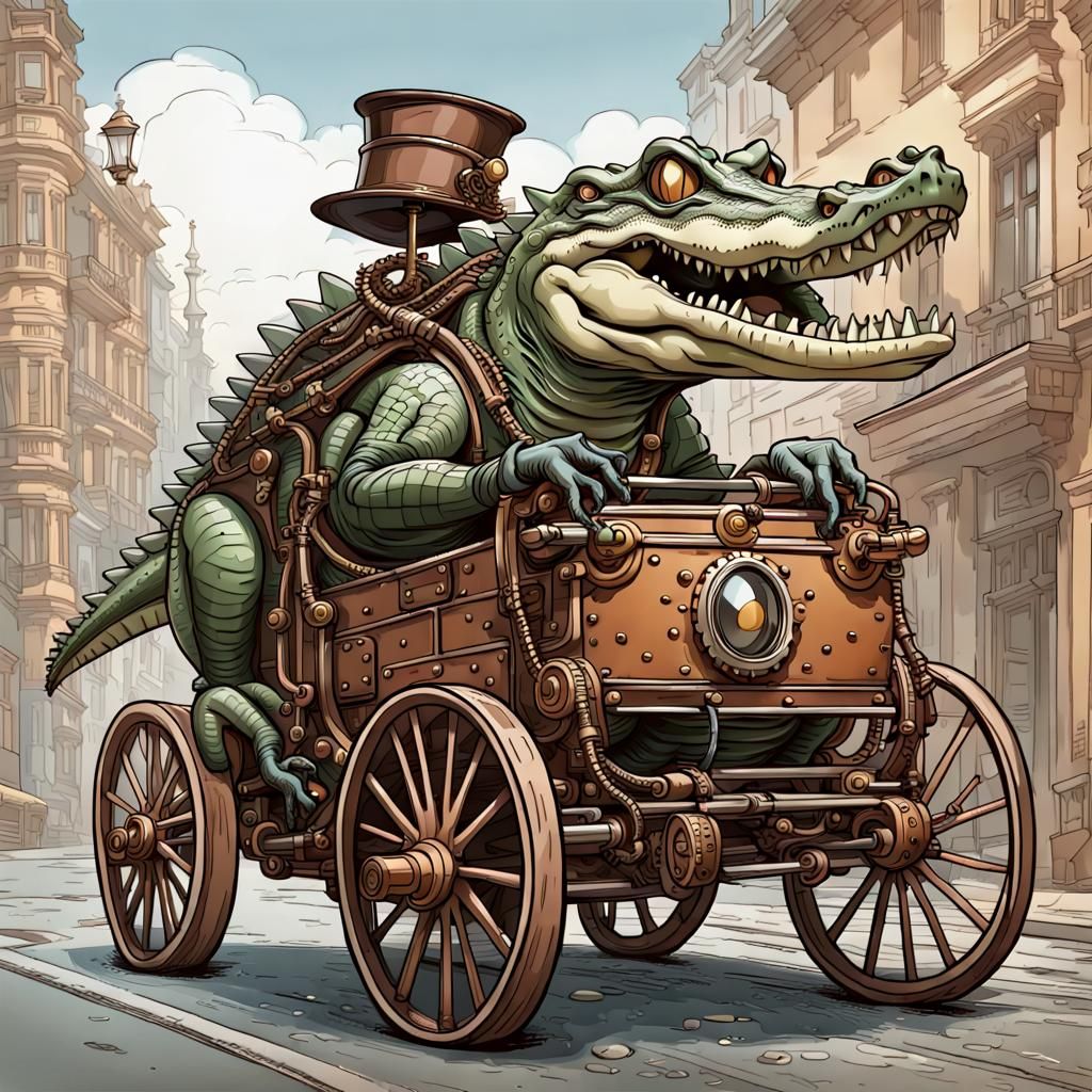 Crocodile Pulling Steampunk Carriage Through Street