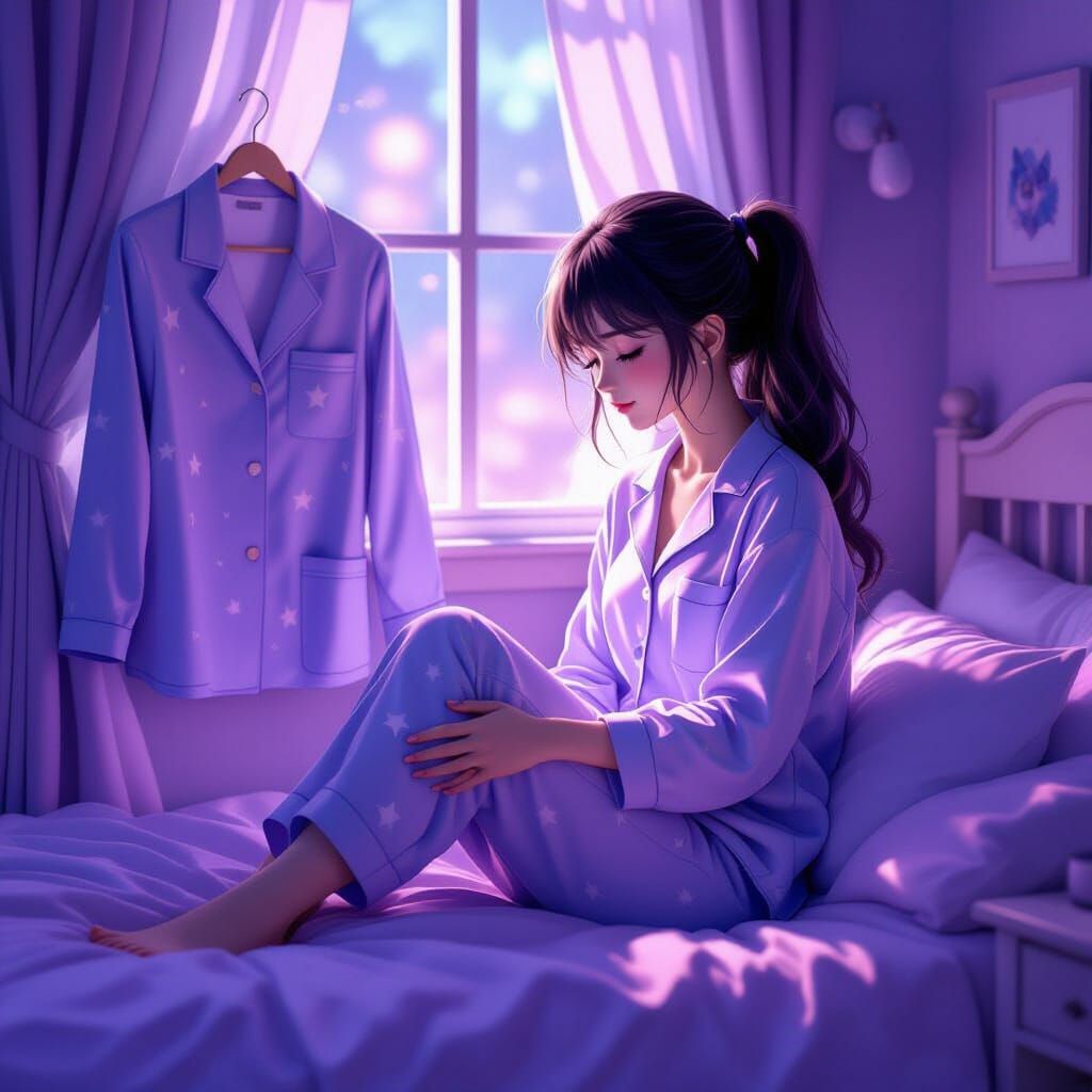 Girl in Pastel Pajamas with Star Patterns, Mystical Ambiance