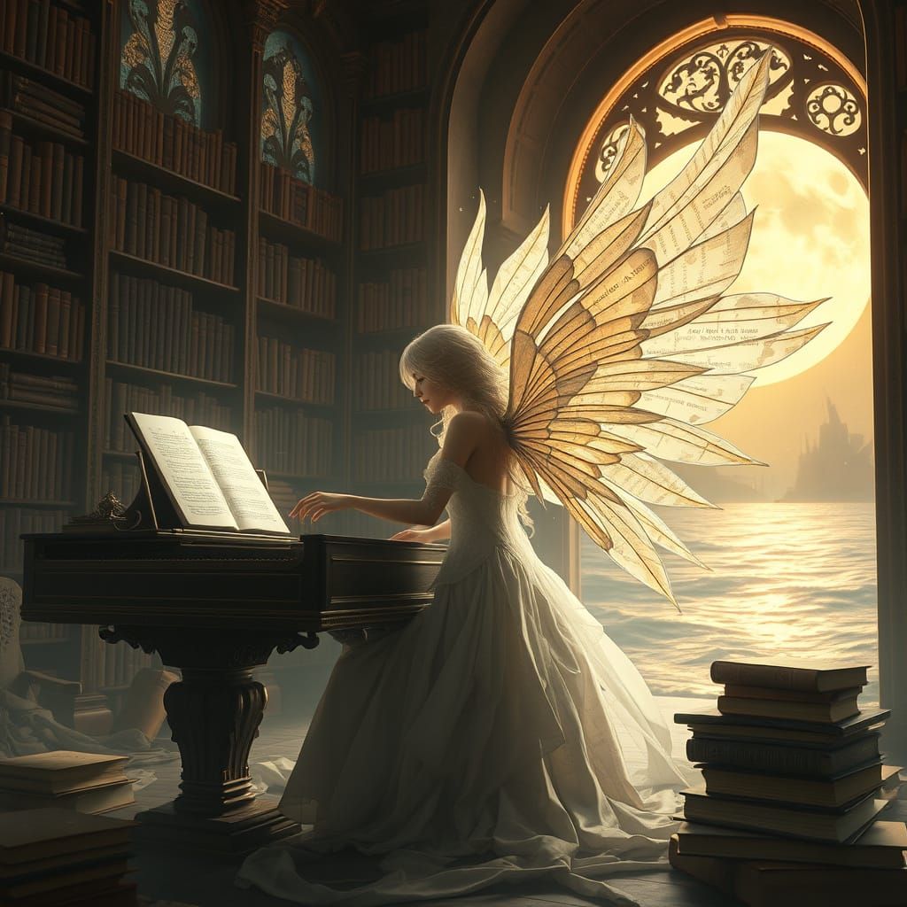 Ethereal Pianist Composing in Haunted Library: Fantasy Art