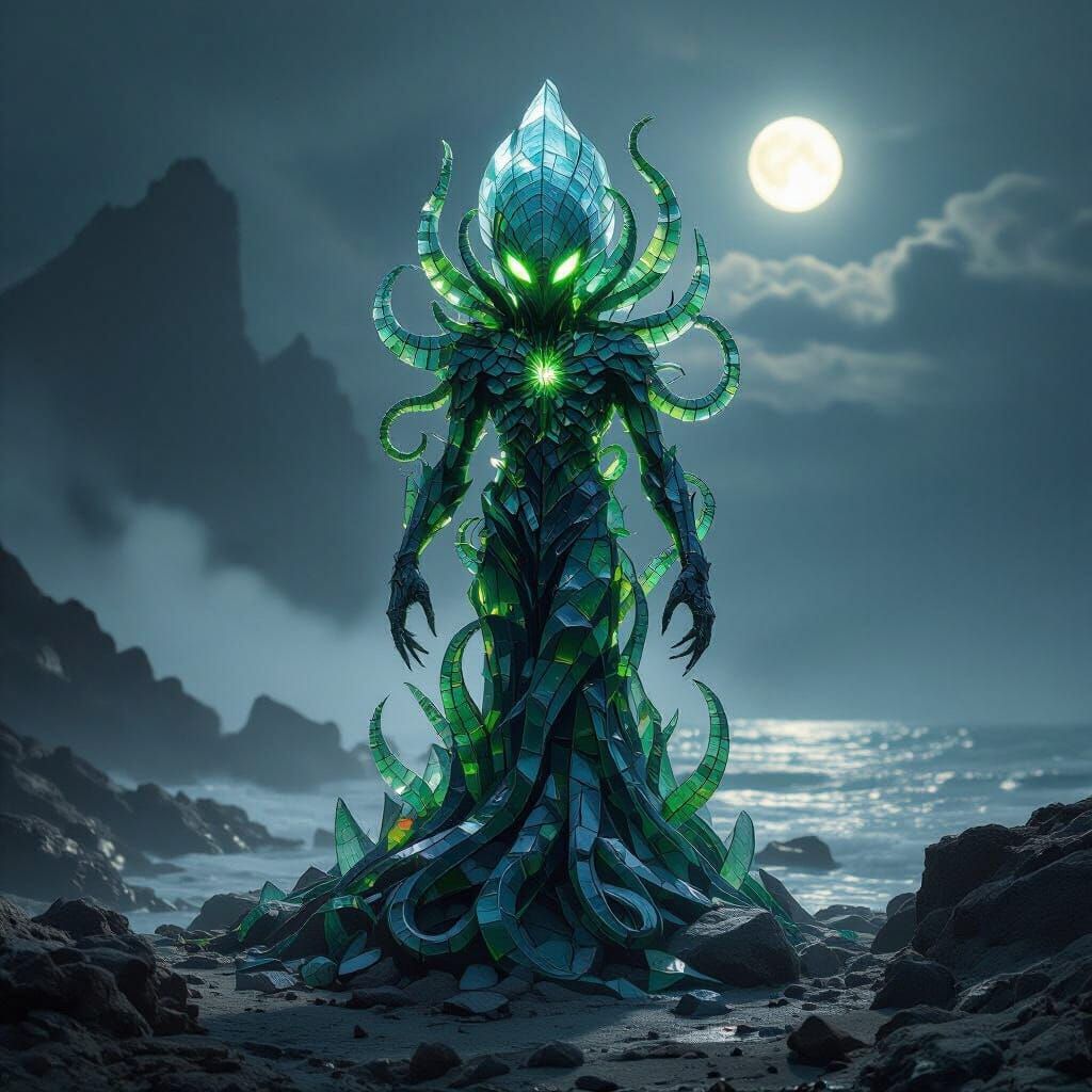 Lovecraftian Sea Glass Sculpture on Misty Coastline