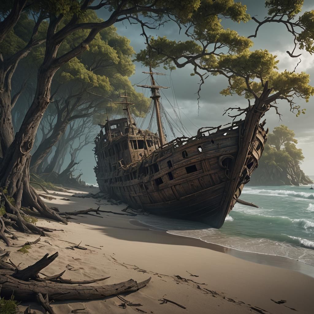 Haunted Shipwreck on Enclosed Beach: Matte Painting