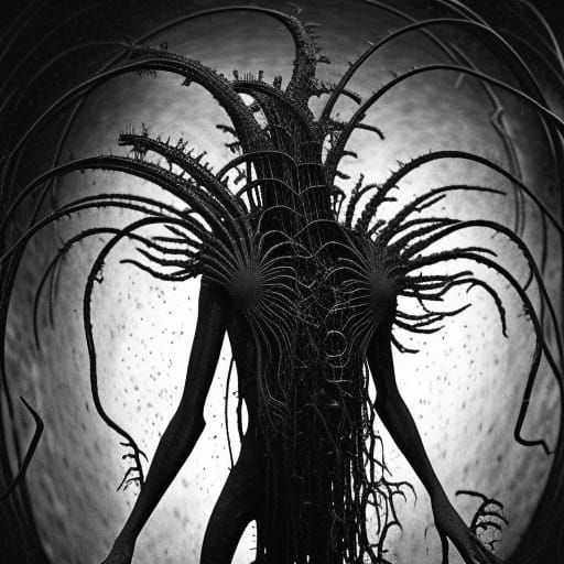 Horrific Biopunk Plant Monster in Dark Academia