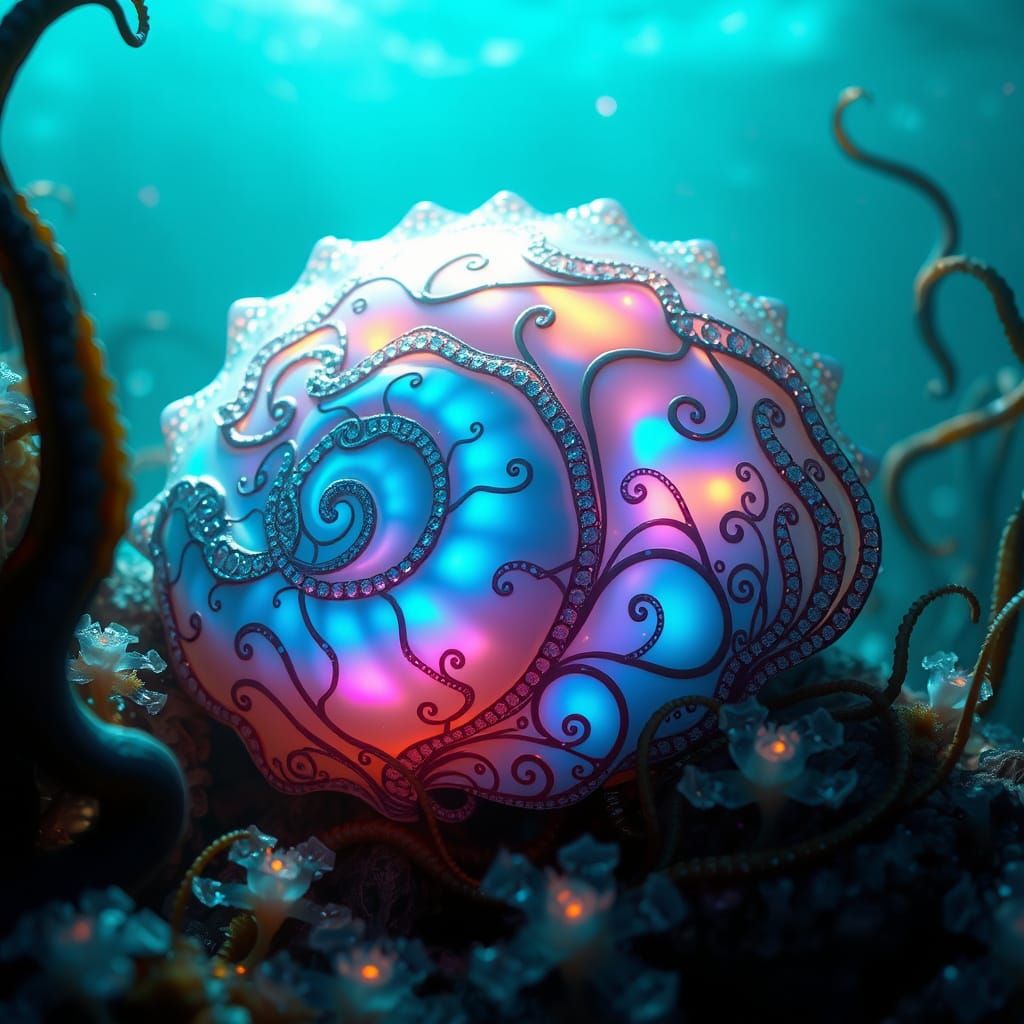 Surreal Oceanic Shell in a Dreamlike Underwater Scene