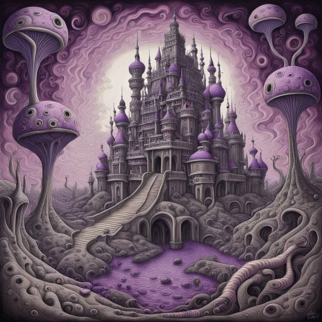 Surreal Landscape with Distant Palace, Charcoal Drawing