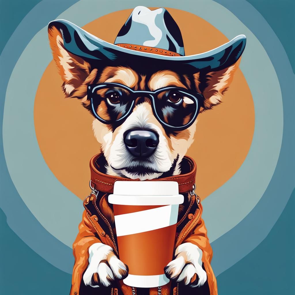 Cowboy Dog with Cup: Abstract Art in Complementary Colors