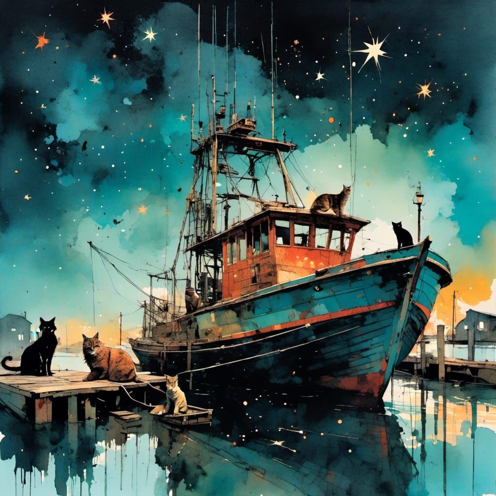 Fishing Boat and Cats in Watercolor Collage Style