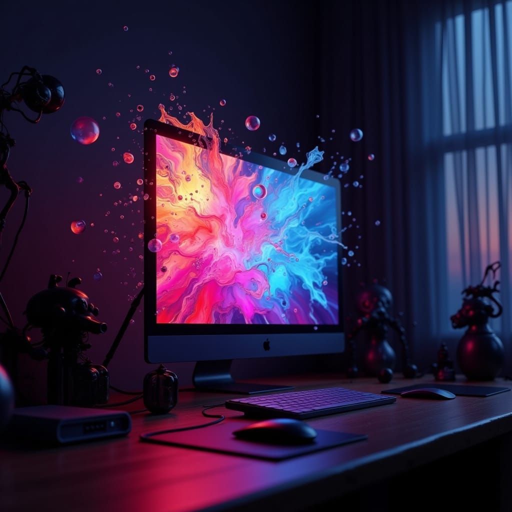 Colorful Computer on Desk with Cinematic Lighting
