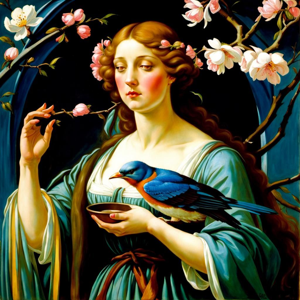 Distraught Woman with Bluebird, Classical Painting