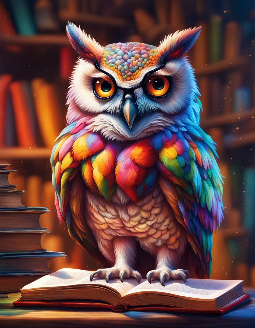 Owl Reading Book: Hyperrealistic Oil Painting in 8K