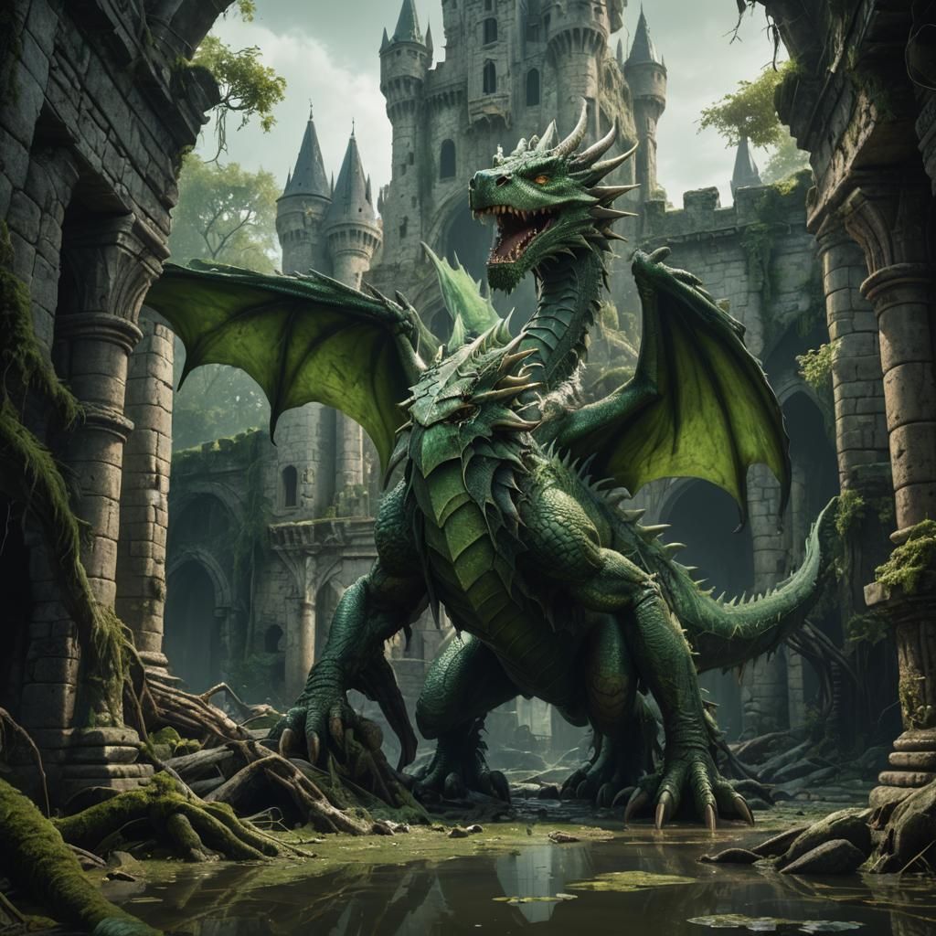 Sinister Green Dragon in Swamp Castle Ruins