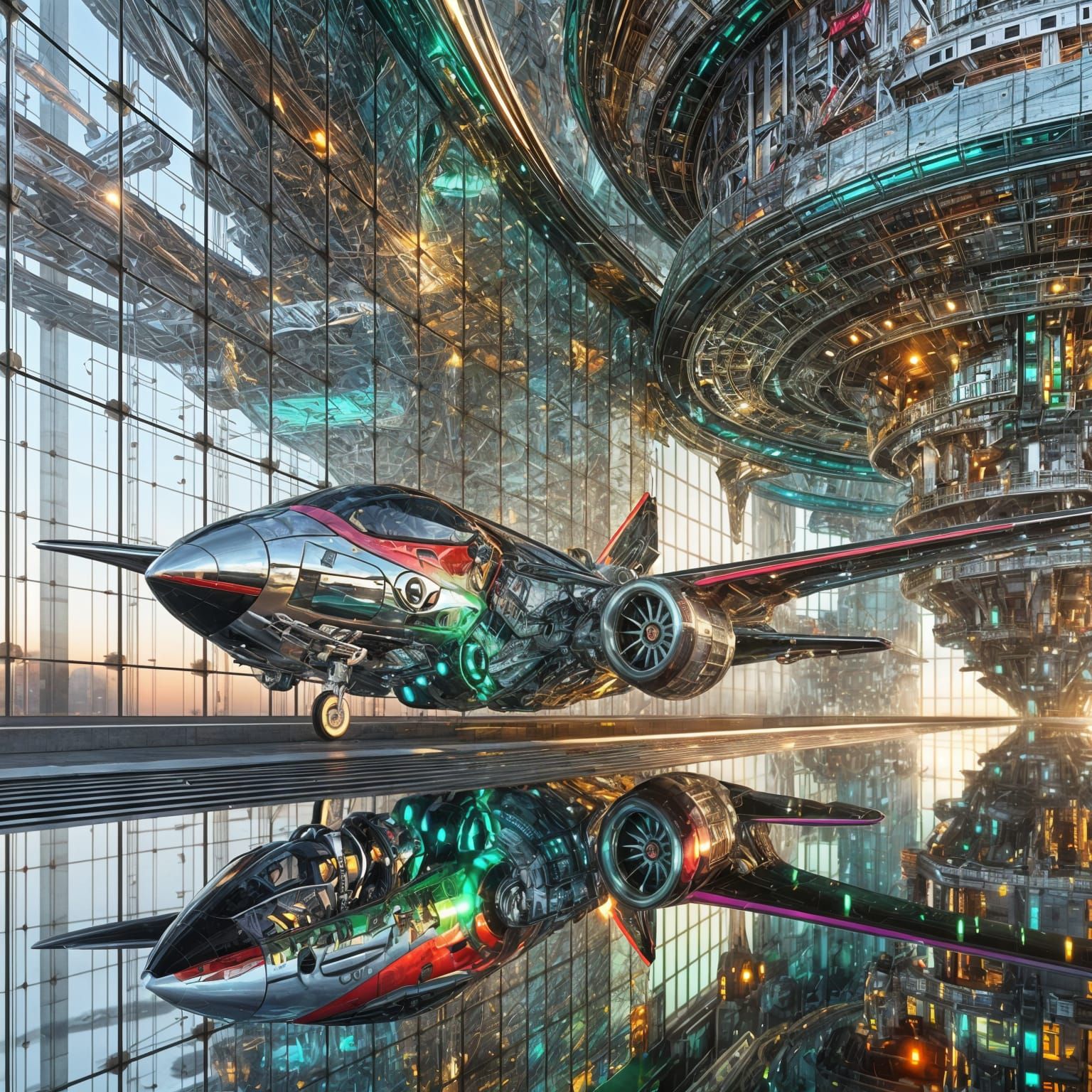 Raypunk Aircraft Hovering Beside Solarpunk Building