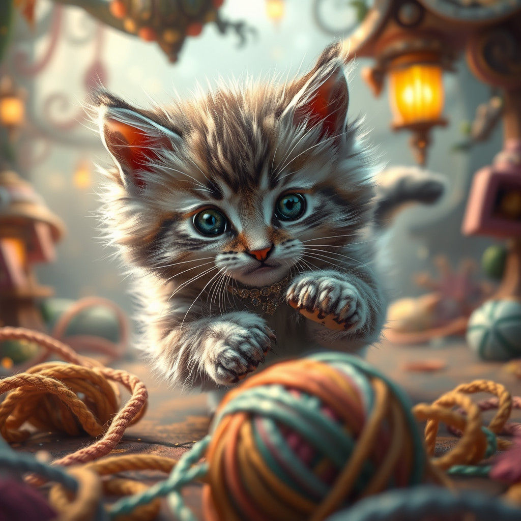 Playful Kitten and Yarn in Ornate Fairy Tale Style
