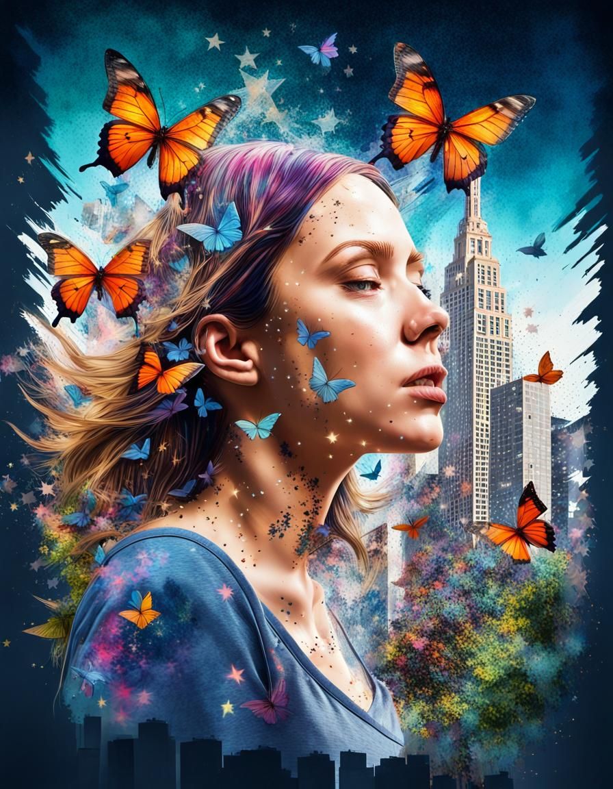 Butterfly Cityscape: Double Exposure Splash Art Portrait