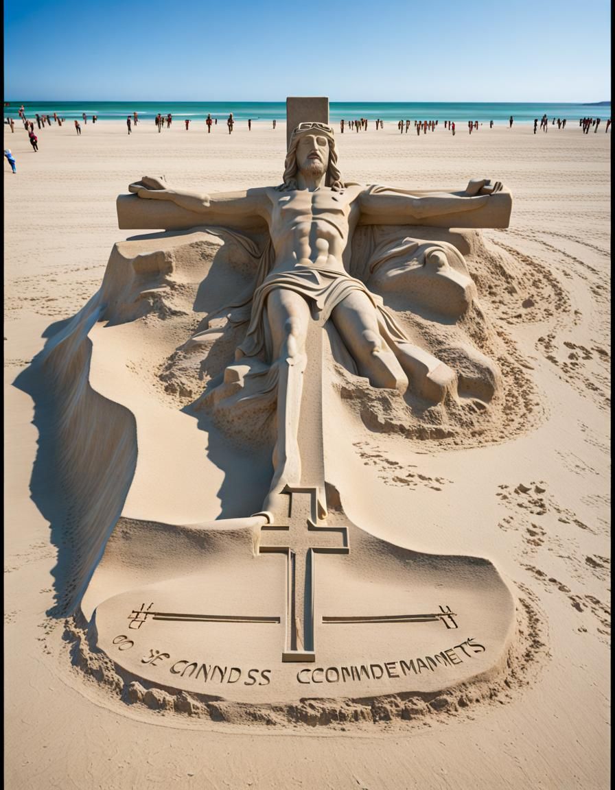 Sand Sculpture of Jesus on the Beach