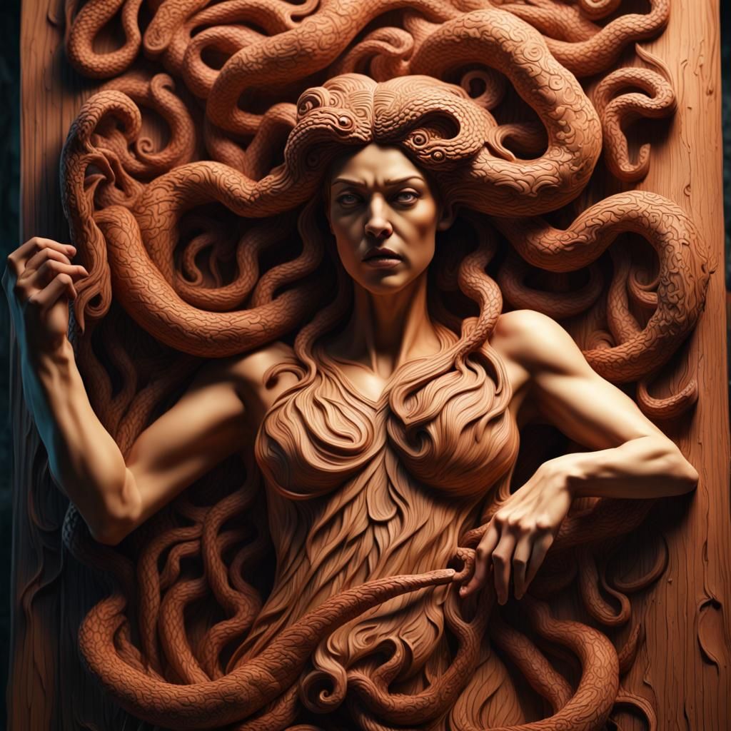 Medusa Consumes Human: Detailed Wood Carving