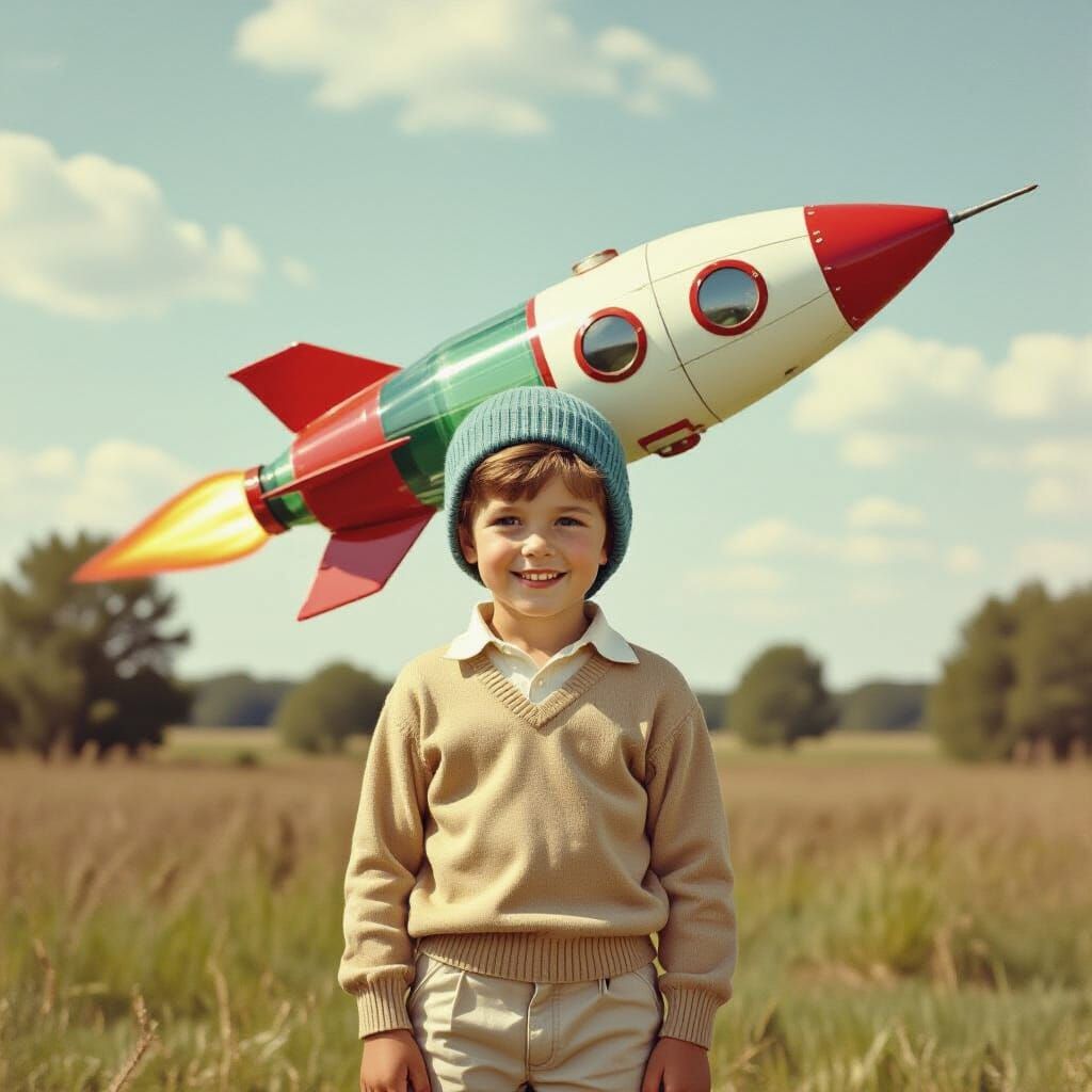 Boy Wears Soda Bottle Space Rocket Hat 1960s
