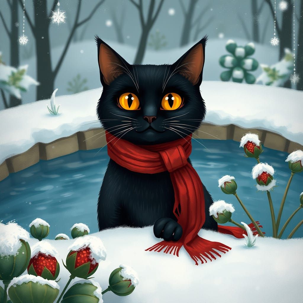 Regal Black Cat in Winter Wonderland