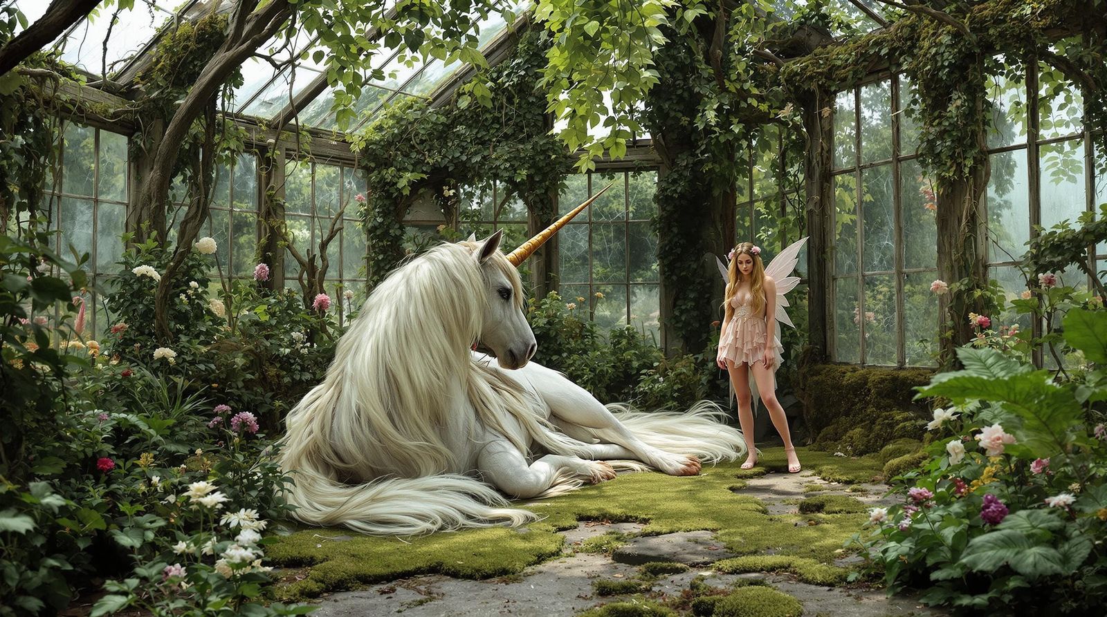 Fairy and Weathered Unicorn in Overgrown Greenhouse