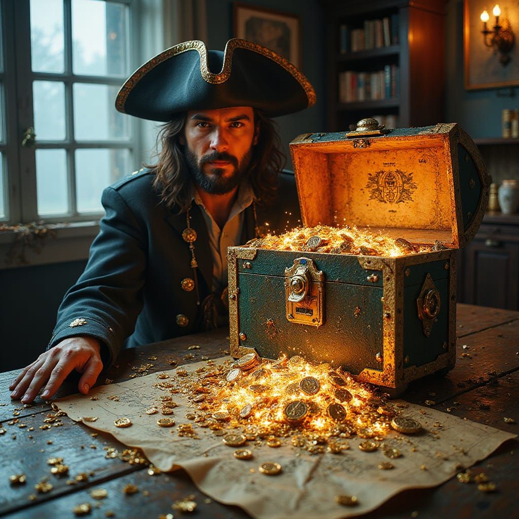 "Double exposure full portrait of a insanely majestic Pirate...