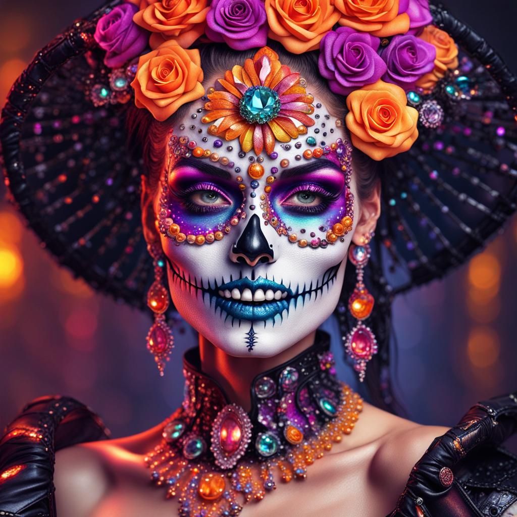 Gothic Skeleton in Candy Skull Makeup, Digital Art