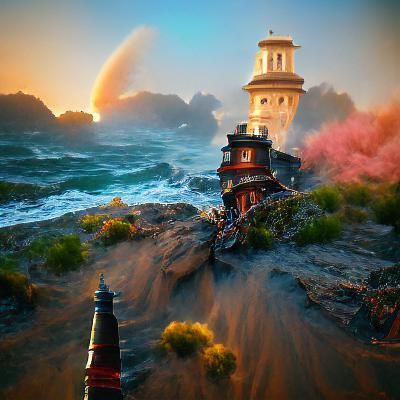 Victorian Lighthouse at Sunset with Sailing Ships