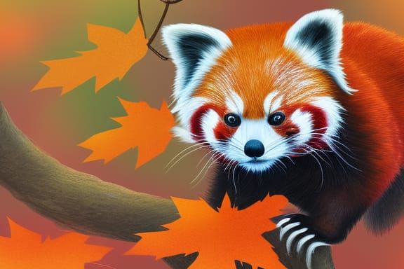 Red Panda in Autumn, Digital Gouache Illustration