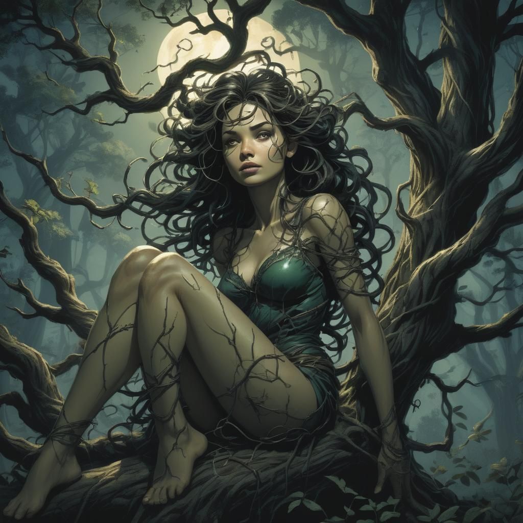 Mystical Woman in Forest, Comic Book Style Art