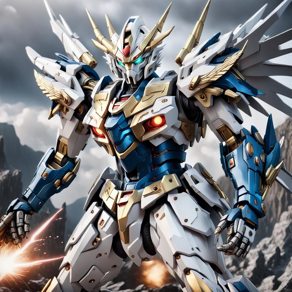 Full body , portrait art of 8k ultra realistic White Gold Dragon GUNDAM fighting against a Kaiju monster, cinematic ligh...
