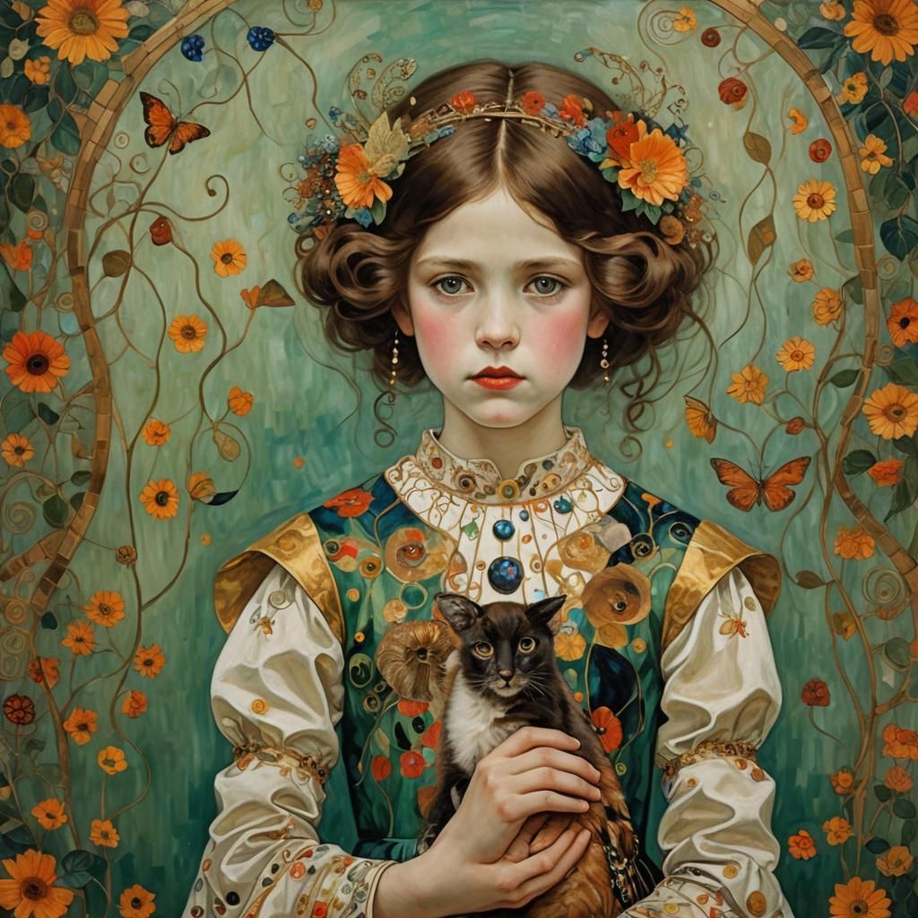 Girl Surrounded by Devils in Gustav Klimt Style