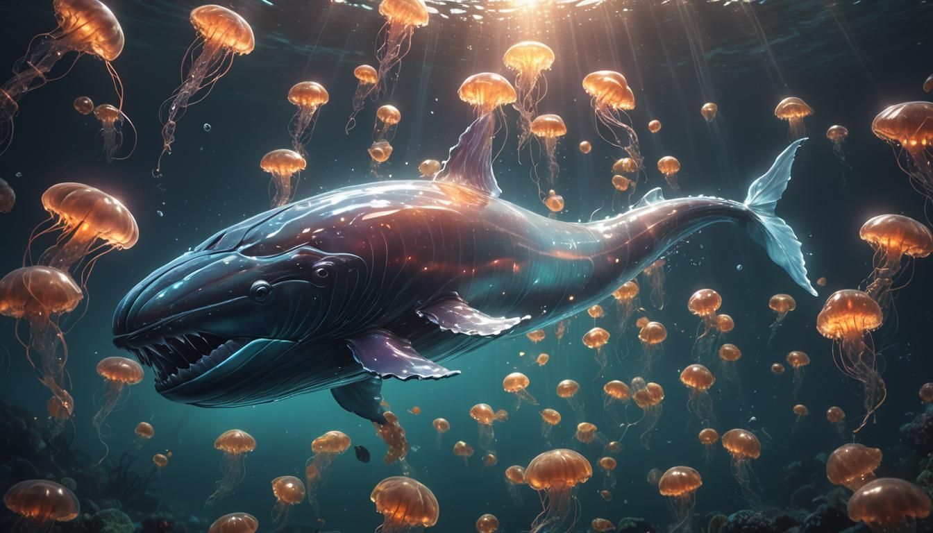 Glowing Glass Whale in Underwater Fantasy