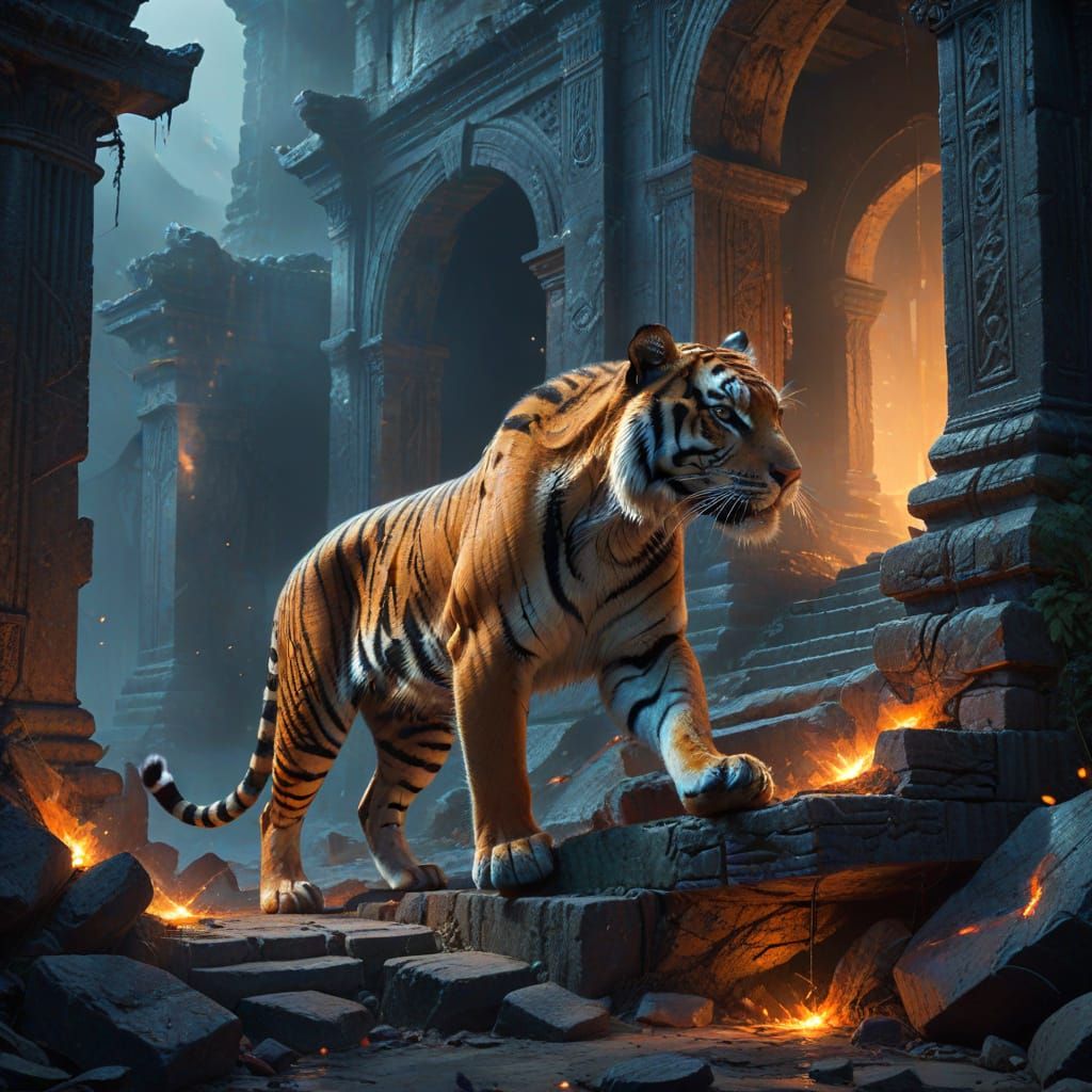Mystical Tiger in Ancient Ruins with Spectral Markings