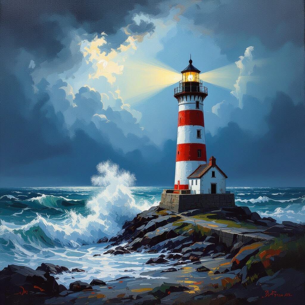 Dramatic Lighthouse Oil Painting in Stormy Seas