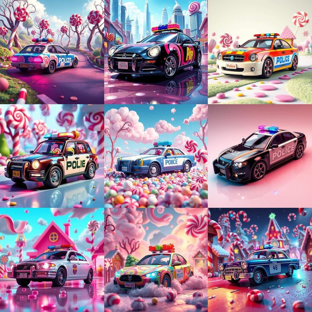 Surreal Candyland Police Car in Hyperrealistic Digital Art