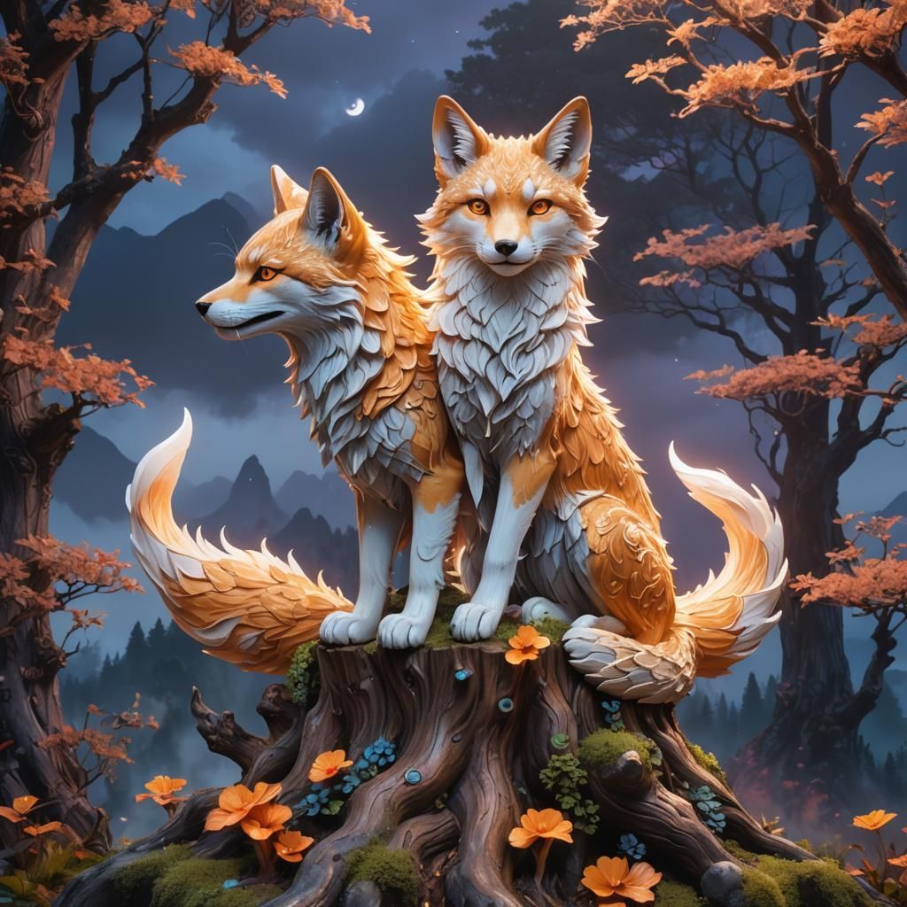 Two-Headed Kitsune in Lush Fantasy Landscape