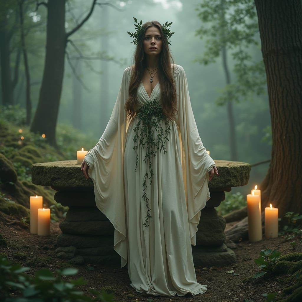 Ethereal Druid Priestess in Misty Forest