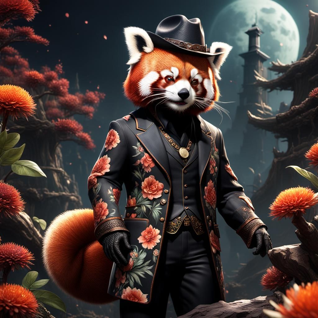 Red Panda in Floral Suit, Detailed Matte Painting