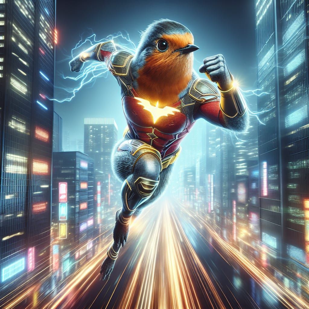 Superhero Robin in Cyberpunk City