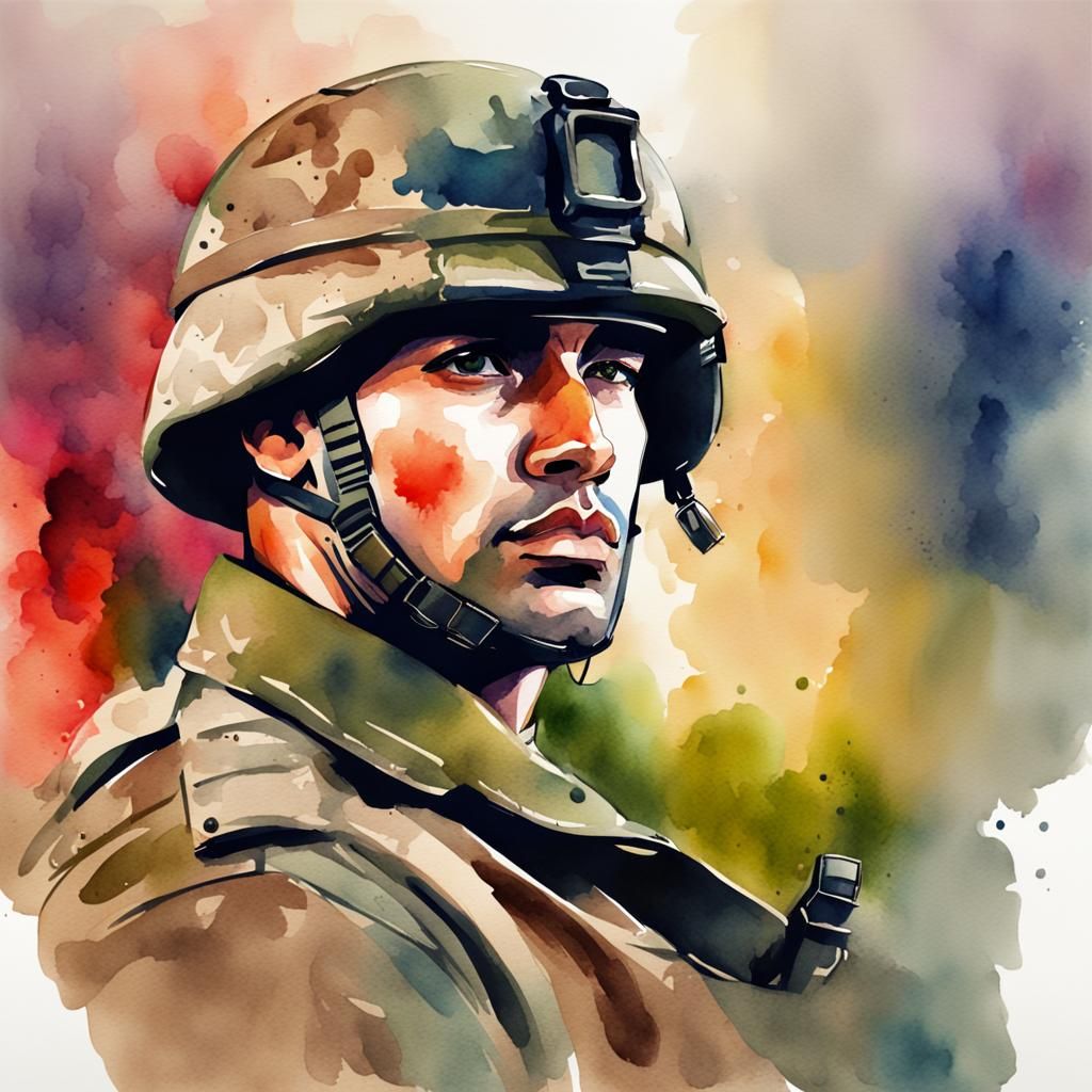 Colorful Watercolor Soldier Head Portrait