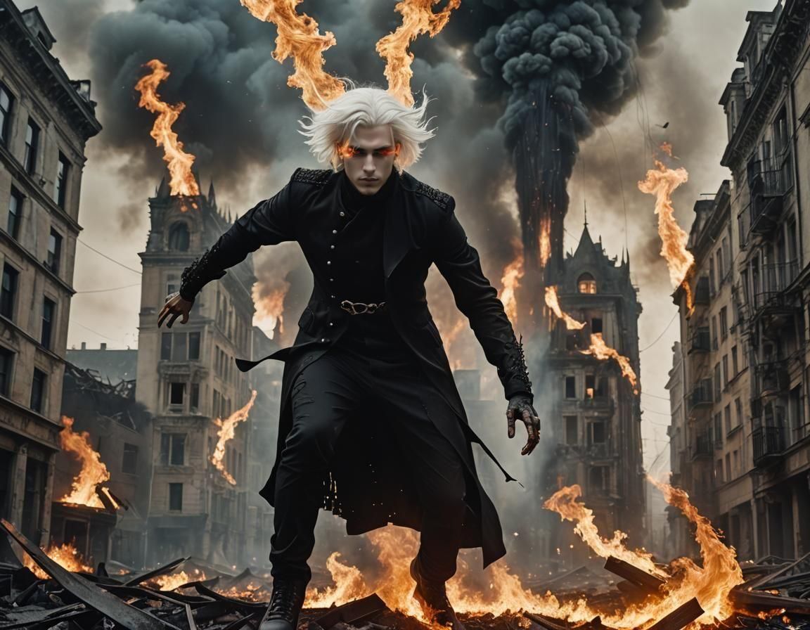 Gothic Youth Floats Before Burning Cityscape