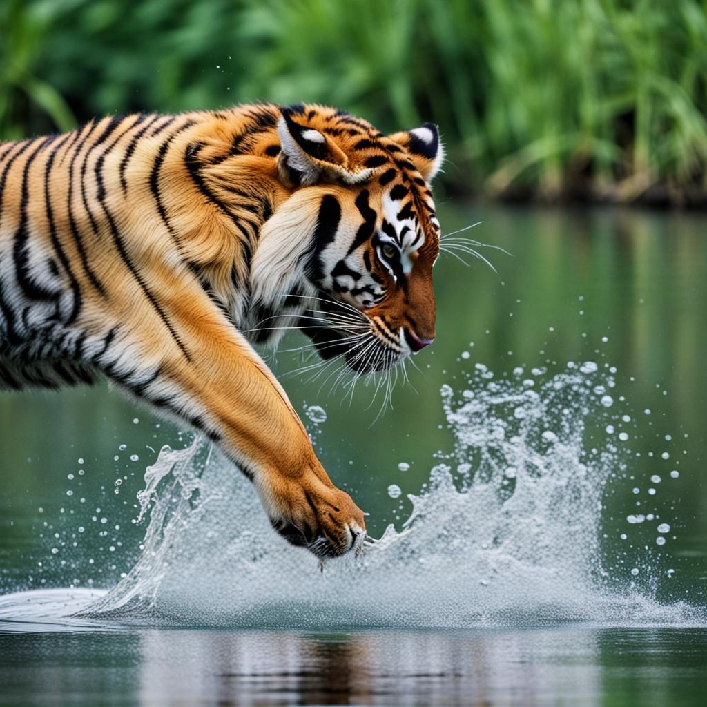 Tiger Mid-Air Hunting Fish