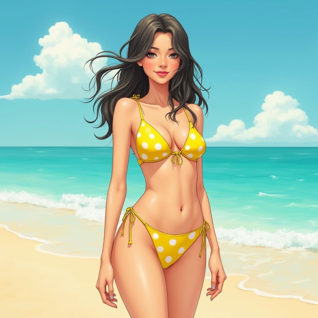 Woman in Polka Dot Bikini on Sunny Beach