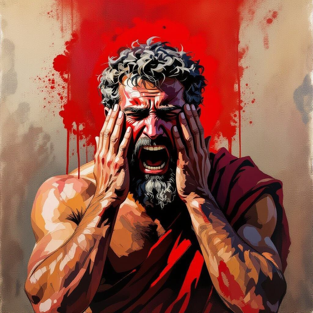 Oedipus's Tragic Fate: Impasto Ink and Gouache Painting