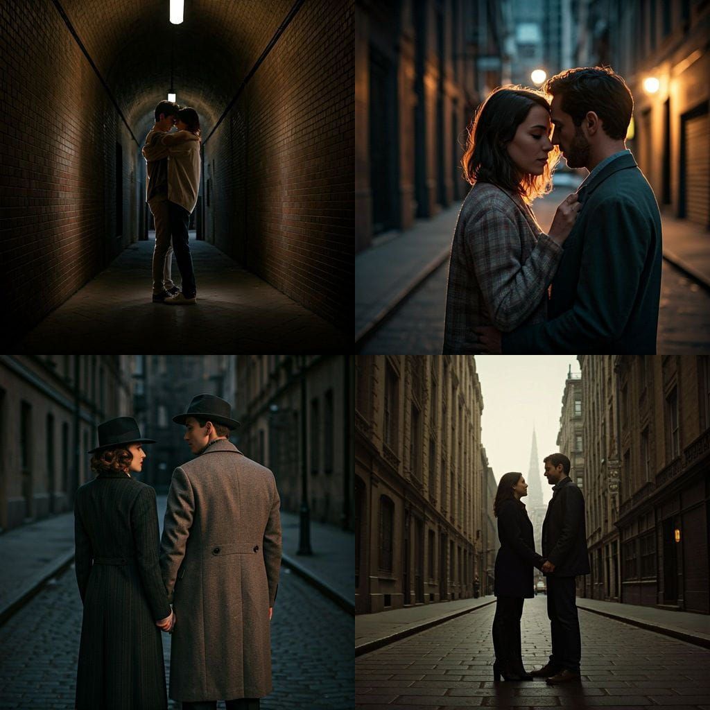 Sepia Film Still: Lovers' Farewell in City Alley