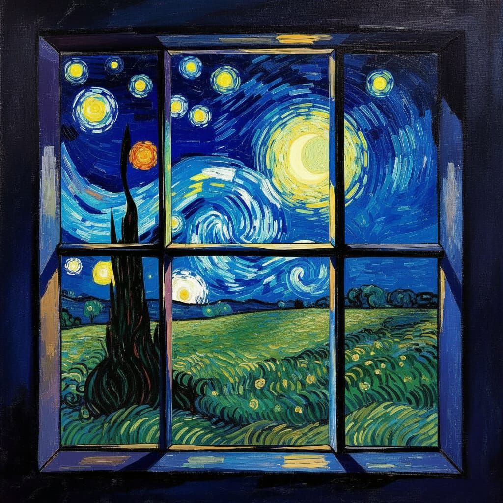 Three Moons in a Starry Night Sky Through Dusty Window