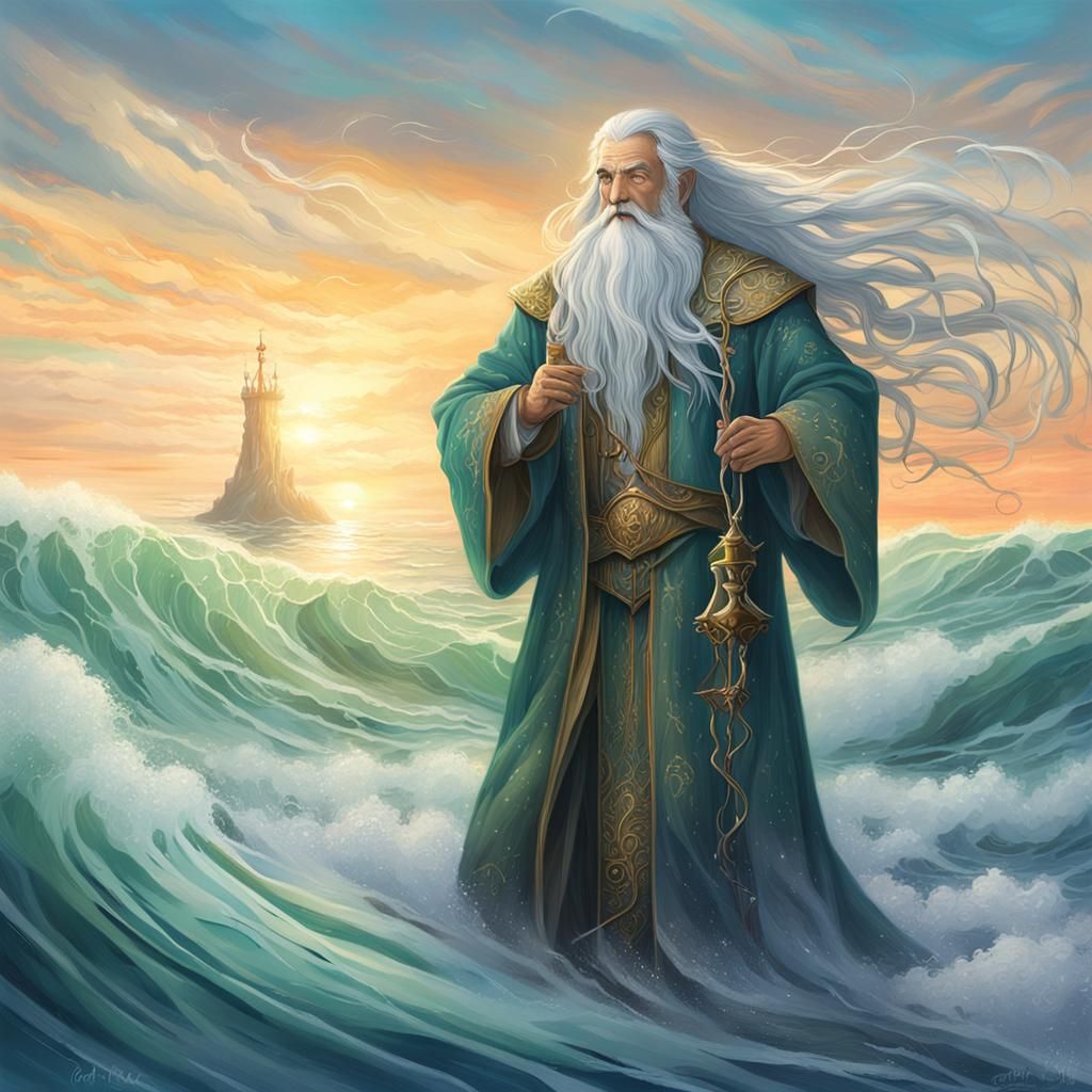 Father Time Elf at Ocean's Edge, Digital Art